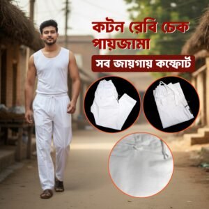 Premium White Cotton Ready Check Pajama for Men – Comfortable Elastic Waist Pant   |   কটন রেডি চেক পায়জামা – প্রিমিয়াম সাদা কটন আরামদায়ক প্যান্ট স্টাইল প্যান্ট