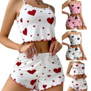 Women Heart Print Sleeveless Crop Top & Shorts Nightwear Set | উইমেন হার্ট প্রিন্ট স্লিভলেস ক্রপ টপ ও শর্টস নাইটওয়্যার সেট