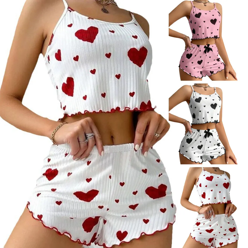 Women Heart Print Sleeveless Crop Top & Shorts Nightwear Set | উইমেন হার্ট প্রিন্ট স্লিভলেস ক্রপ টপ ও শর্টস নাইটওয়্যার সেট