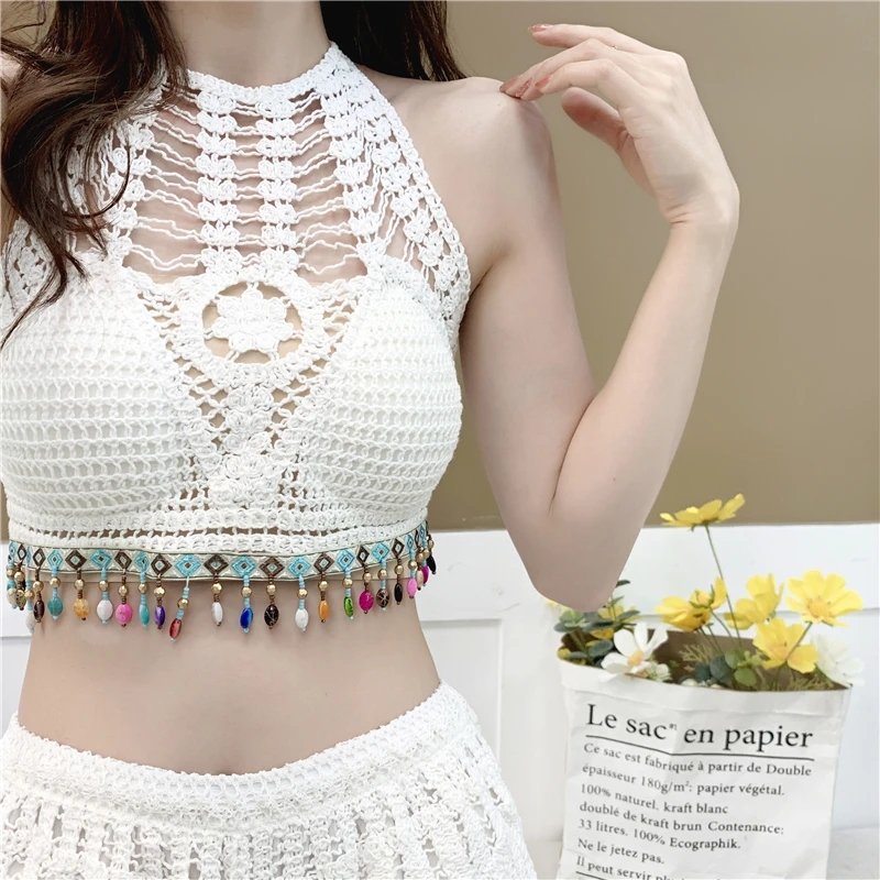Women Handmade Crochet Halter Top with Boho Beads Tassel | উইমেন হ্যান্ডমেড ক্রোশে হাল্টার টপ (বোহো বিডস ট্যাসেল ডিজাইন)