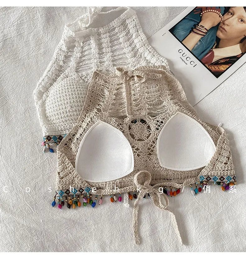 Women Handmade Crochet Halter Top with Boho Beads Tassel | উইমেন হ্যান্ডমেড ক্রোশে হাল্টার টপ (বোহো বিডস ট্যাসেল ডিজাইন) - Image 3