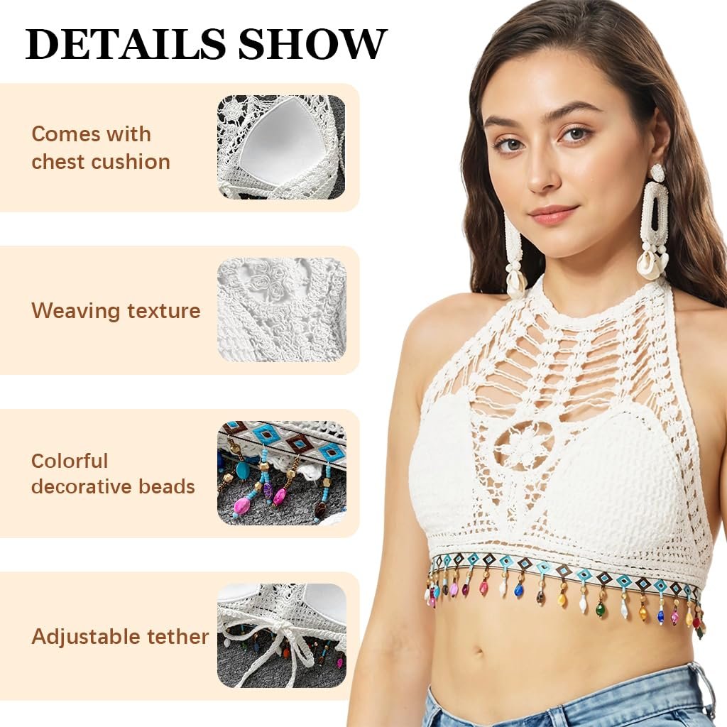 Women Handmade Crochet Halter Top with Boho Beads Tassel | উইমেন হ্যান্ডমেড ক্রোশে হাল্টার টপ (বোহো বিডস ট্যাসেল ডিজাইন) - Image 2