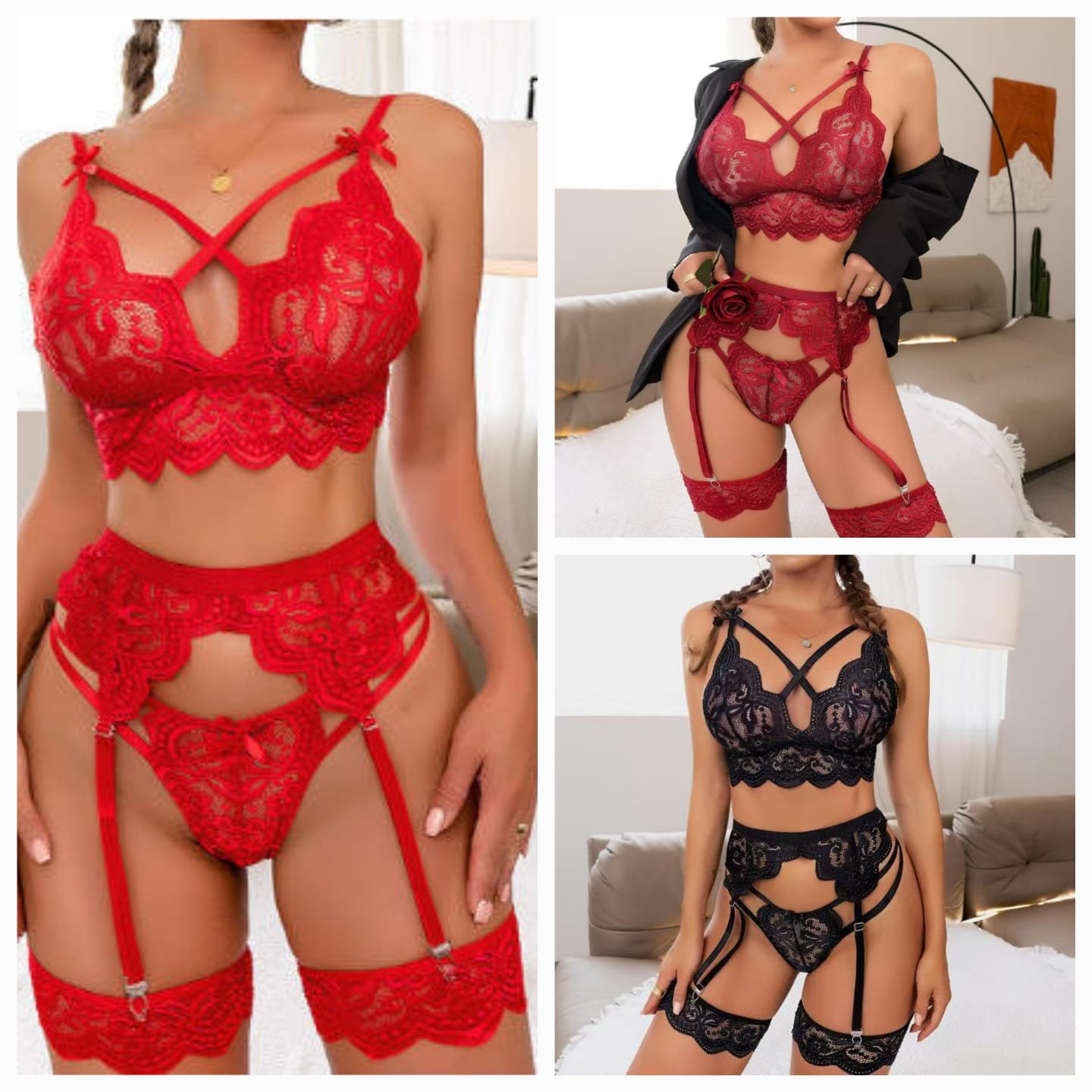 Women’s Lace Lingerie Set with Garter Belt | Premium Bra Panty & Stocking Set | নারীদের লেস লিঞ্জারি সেট গার্টার বেল্টসহ | প্রিমিয়াম ব্রা, প্যান্টি ও স্টকিং সেট