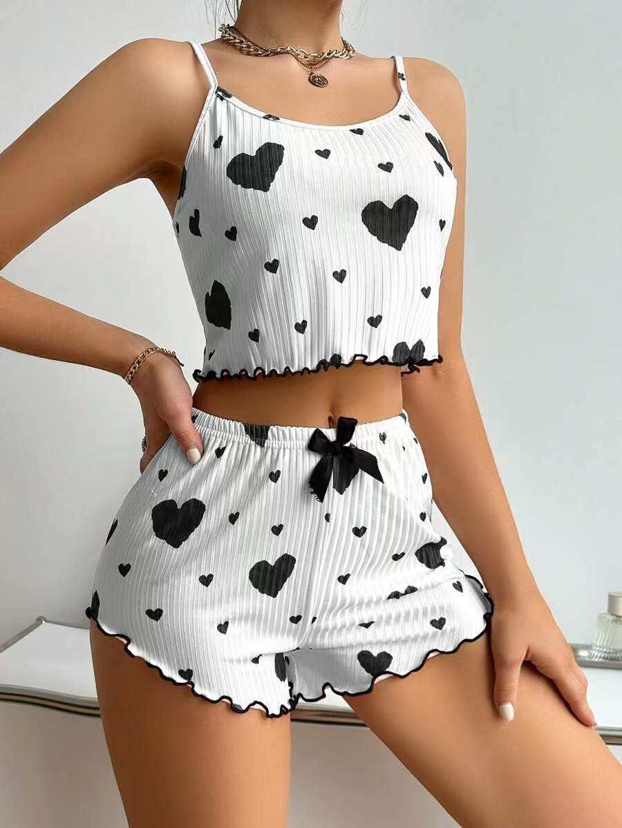 Women Heart Print Sleeveless Crop Top & Shorts Nightwear Set | উইমেন হার্ট প্রিন্ট স্লিভলেস ক্রপ টপ ও শর্টস নাইটওয়্যার সেট - Image 5