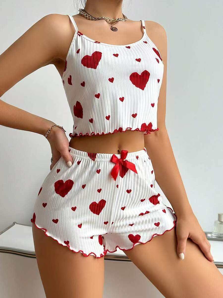 Women Heart Print Sleeveless Crop Top & Shorts Nightwear Set | উইমেন হার্ট প্রিন্ট স্লিভলেস ক্রপ টপ ও শর্টস নাইটওয়্যার সেট - Image 6