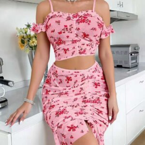 Women Floral Print Off-Shoulder Crop Top & Skirt Set    |   উইমেন ফ্লোরাল প্রিন্ট অফ-শোল্ডার ক্রপ টপ ও স্কার্ট সেট