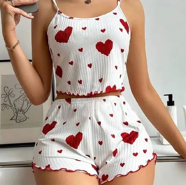 Women Heart Print Sleeveless Crop Top & Shorts Nightwear Set | উইমেন হার্ট প্রিন্ট স্লিভলেস ক্রপ টপ ও শর্টস নাইটওয়্যার সেট - Image 3