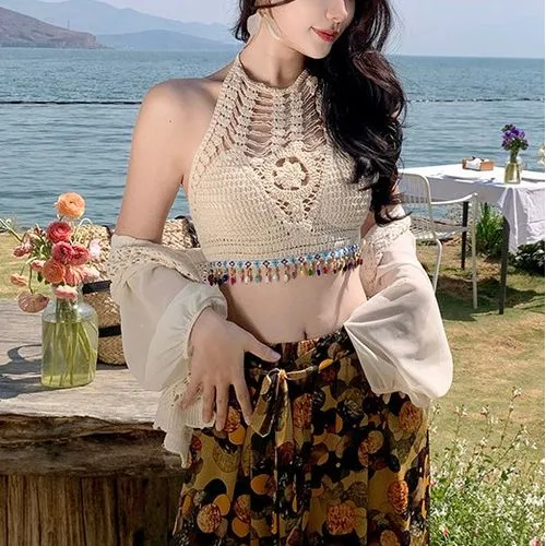 Women Handmade Crochet Halter Top with Boho Beads Tassel | উইমেন হ্যান্ডমেড ক্রোশে হাল্টার টপ (বোহো বিডস ট্যাসেল ডিজাইন) - Image 6