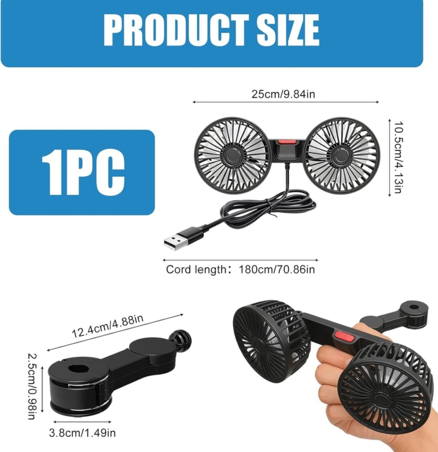 Dual Head Car Fan 1pc 360° Rotatable USB Charging Universal Auto Cooling Cooler Car Accessories - Image 3