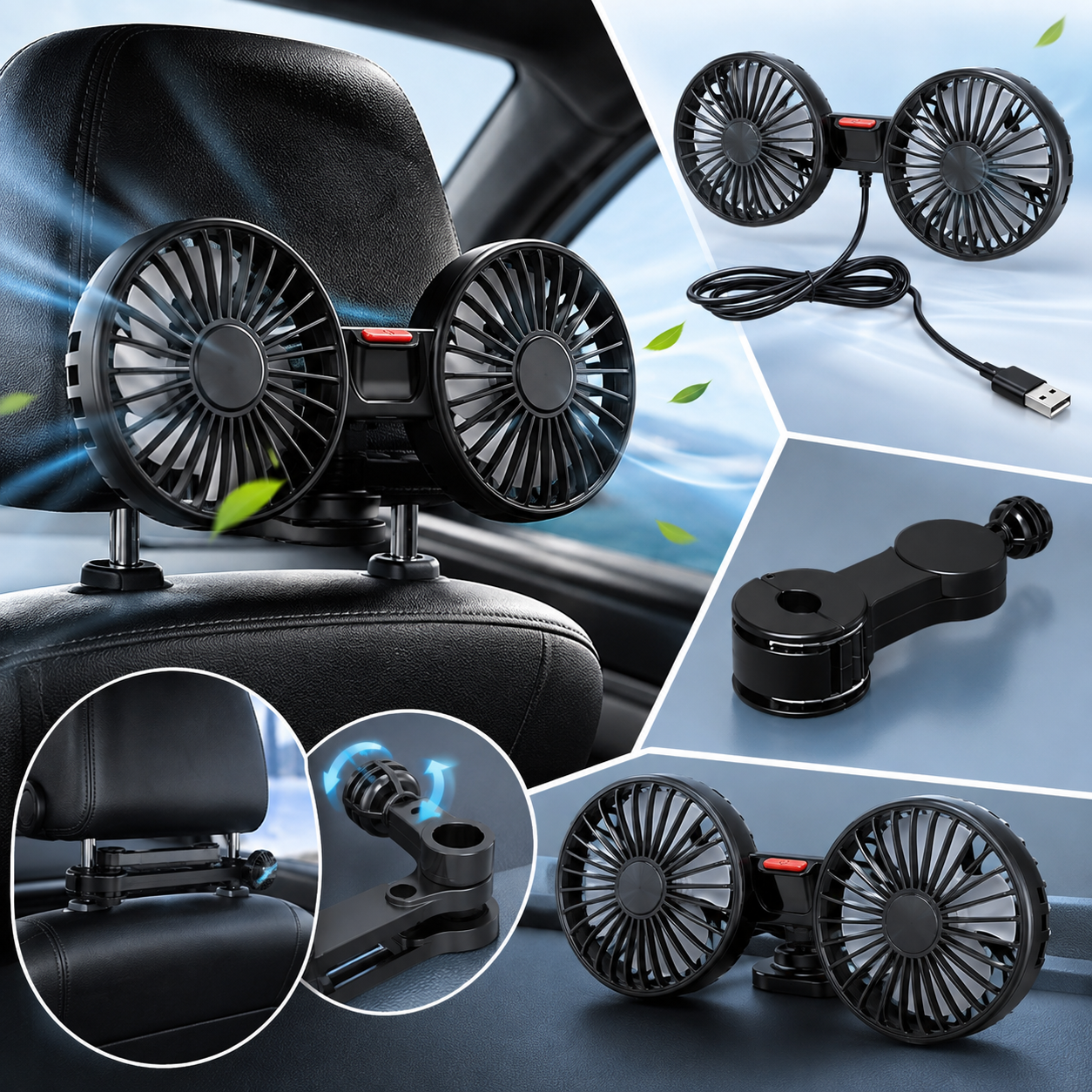 Dual Head Car Fan 1pc 360° Rotatable USB Charging Universal Auto Cooling Cooler Car Accessories