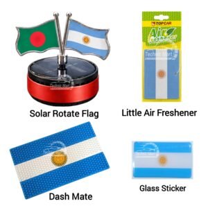 Argentina Fan Car Accessories Combo Pack | Solar Rotate Flag, Air Freshener, Dash Mate & Glass Sticker