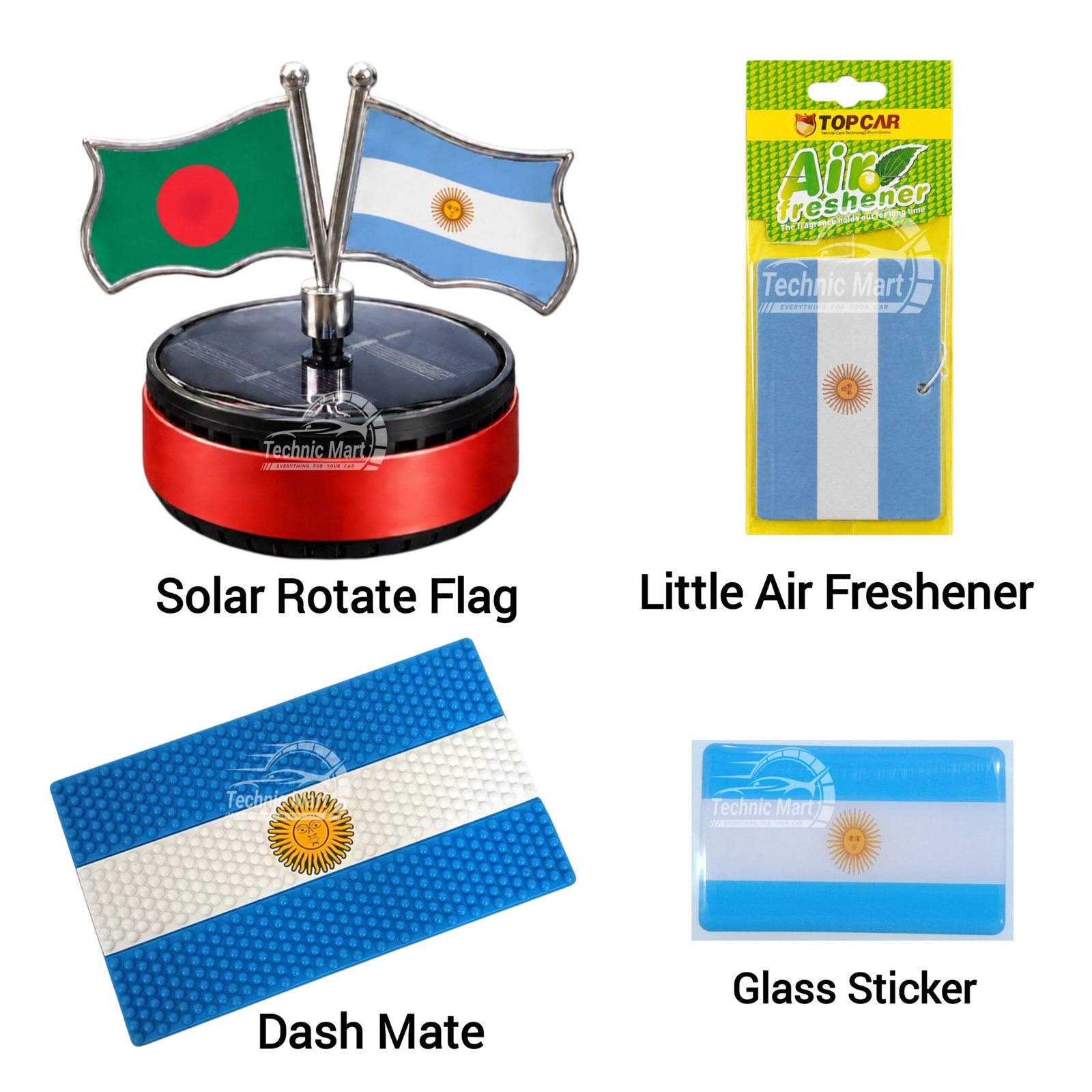 Argentina Fan Car Accessories Combo Pack | Solar Rotate Flag, Air Freshener, Dash Mate & Glass Sticker