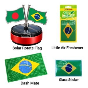 Brazil Fan Car Accessories Combo Pack | Solar Rotate Flag, Air Freshener, Dash Mate & Glass Sticker