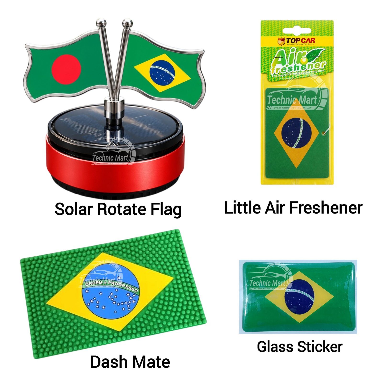Brazil Fan Car Accessories Combo Pack | Solar Rotate Flag, Air Freshener, Dash Mate & Glass Sticker