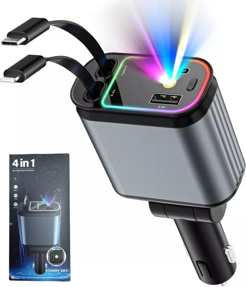 Car Roof Starlight 4 In 1 Retractable 66w Car Charger Dual Type-C Fast Adapter