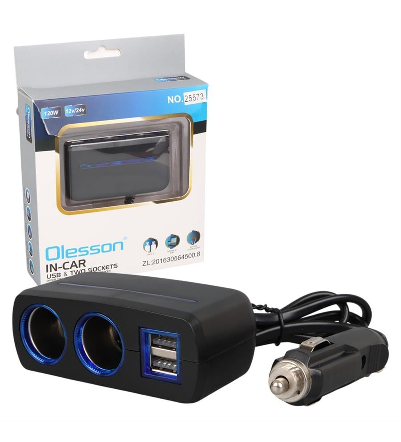 Olesson IN-CAR 120W Dual USB & Two Socket Car Charger Splitter