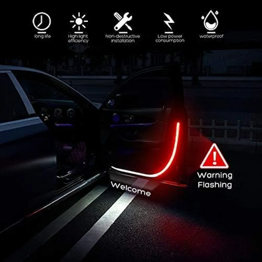 2Pcs Car Interior Door Welcome Light LED Safety Warning Strobe Signal Lamp Strip Anti-Collision Warning Streamer Light Strip 120cm Waterproof 12V Auto Decorative Ambient Lights - Image 3