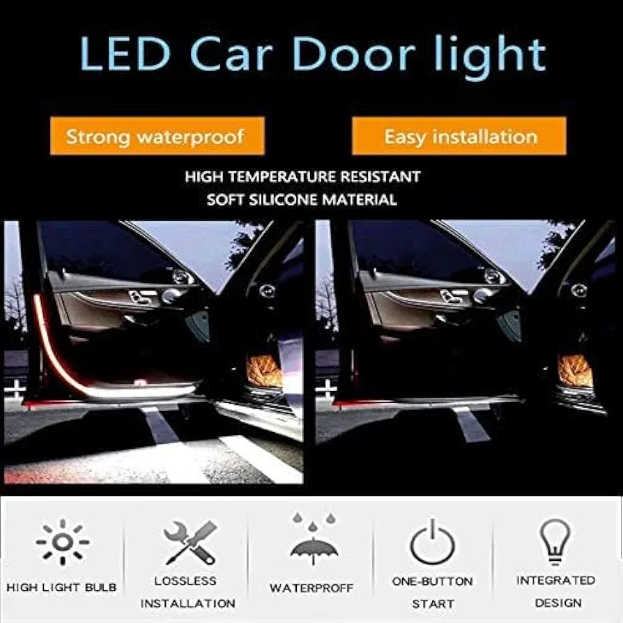 2Pcs Car Interior Door Welcome Light LED Safety Warning Strobe Signal Lamp Strip Anti-Collision Warning Streamer Light Strip 120cm Waterproof 12V Auto Decorative Ambient Lights - Image 4