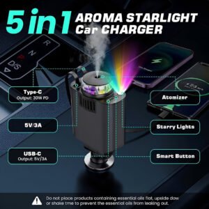 45W 5 in 1 Aroma Starlight Car Charger with Retractable Cable& Air Freshner USB/Type C PD3.0 Car Phone Faster Charger