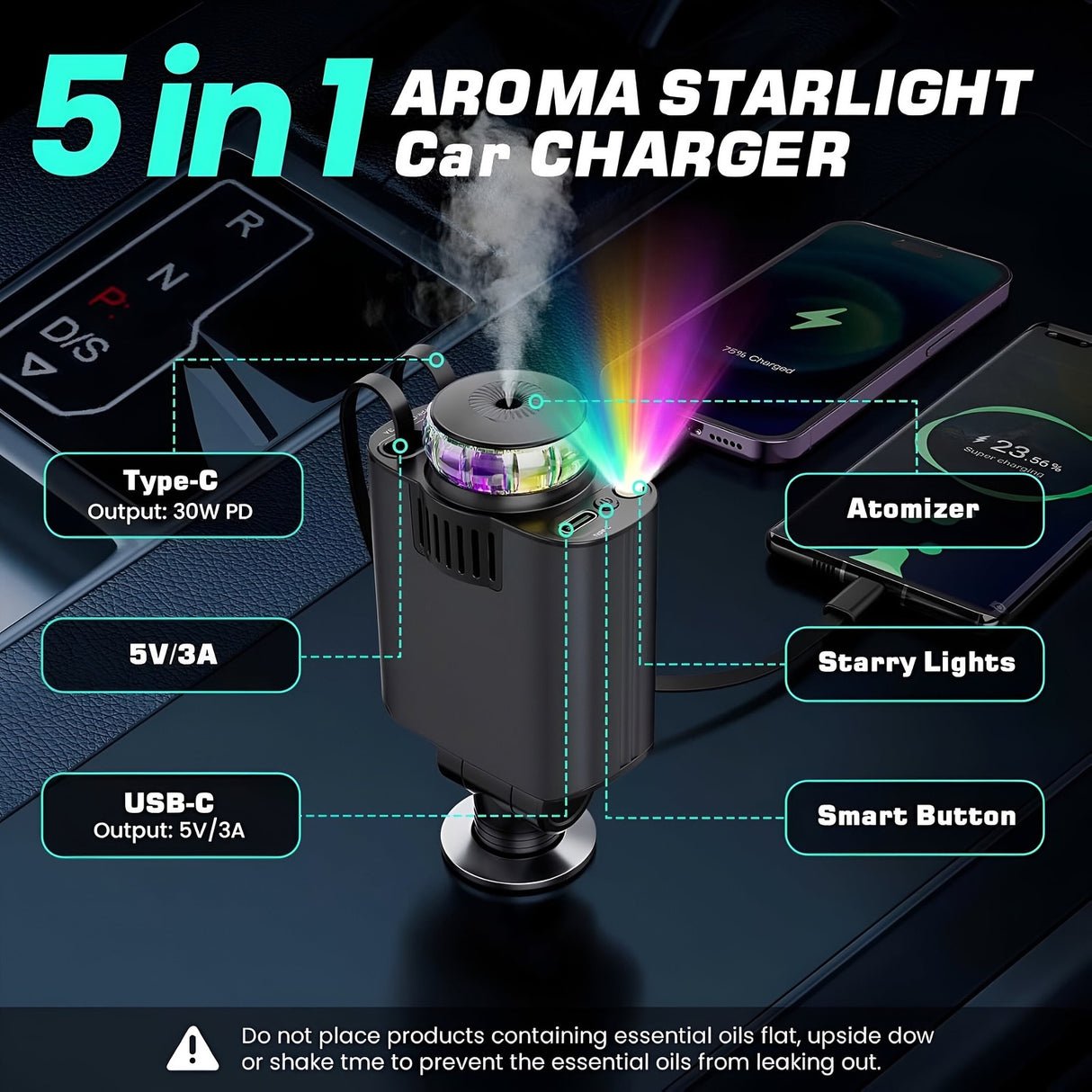 45W 5 in 1 Aroma Starlight Car Charger with Retractable Cable& Air Freshner USB/Type C PD3.0 Car Phone Faster Charger