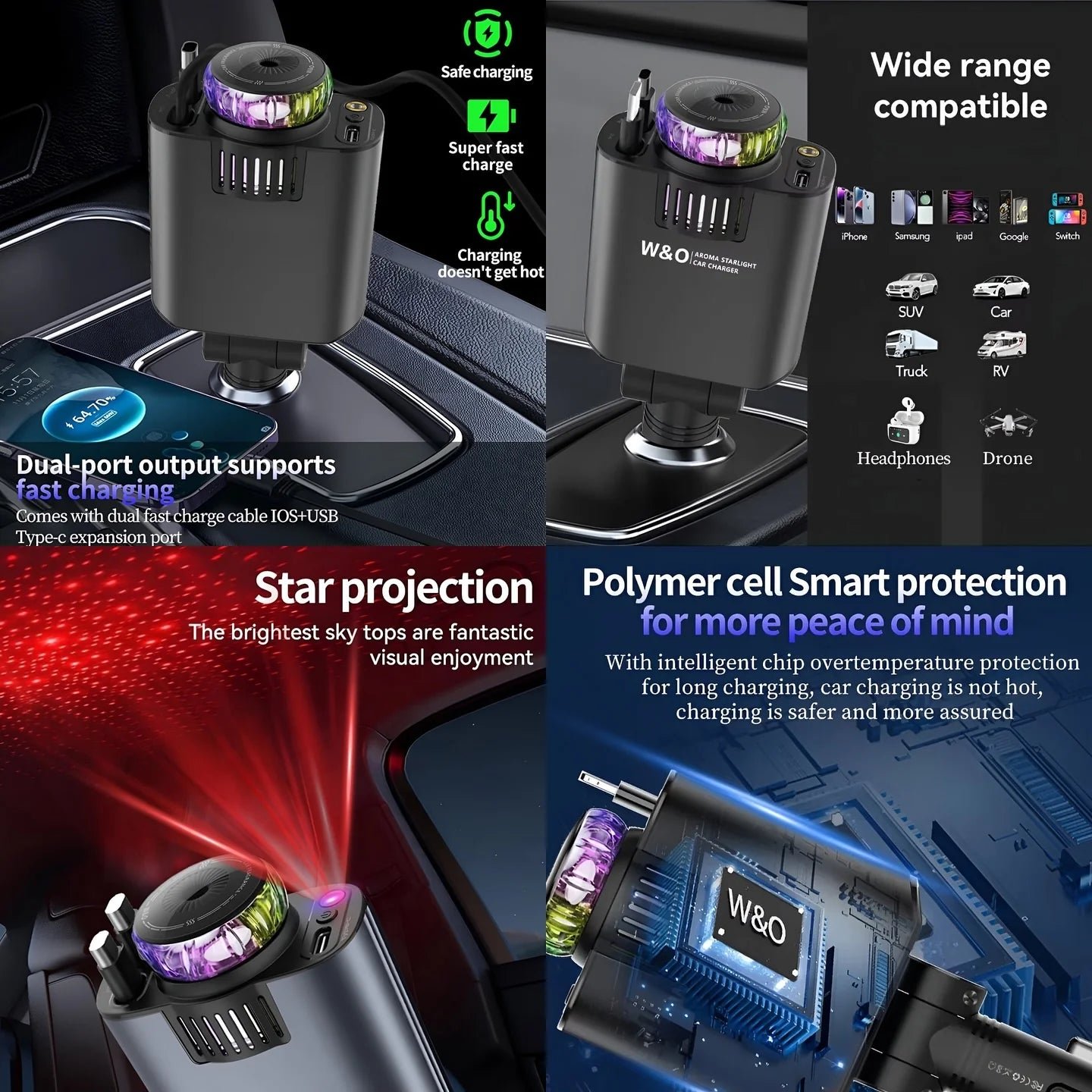 45W 5 in 1 Aroma Starlight Car Charger with Retractable Cable& Air Freshner USB/Type C PD3.0 Car Phone Faster Charger - Image 6