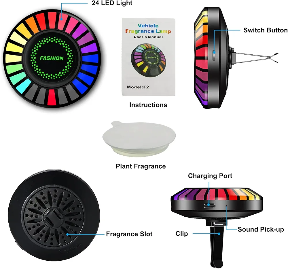 Car Voice-Activated Rhythm Light, Air Freshener Vent Clip, 24 LEDs RGB Car LED Light Sound Pickup Light with Fragrance Aroma Diffuser, 170 Color Modes, Car Accessories - Image 5