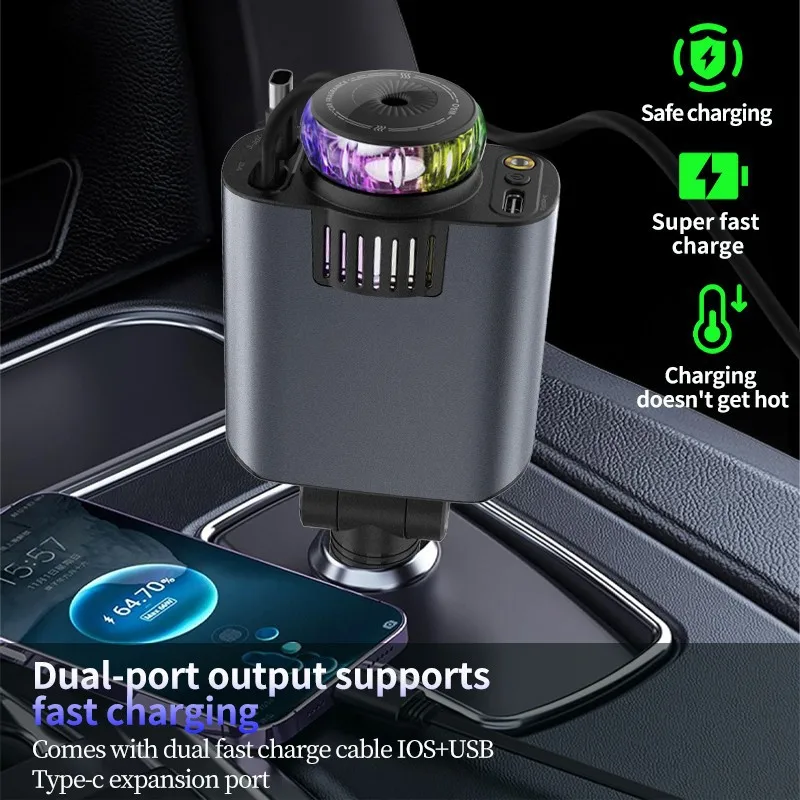 45W 5 in 1 Aroma Starlight Car Charger with Retractable Cable& Air Freshner USB/Type C PD3.0 Car Phone Faster Charger - Image 3