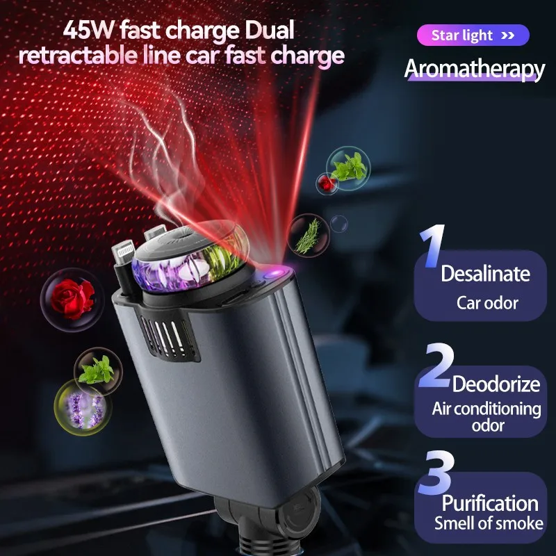 45W 5 in 1 Aroma Starlight Car Charger with Retractable Cable& Air Freshner USB/Type C PD3.0 Car Phone Faster Charger - Image 2