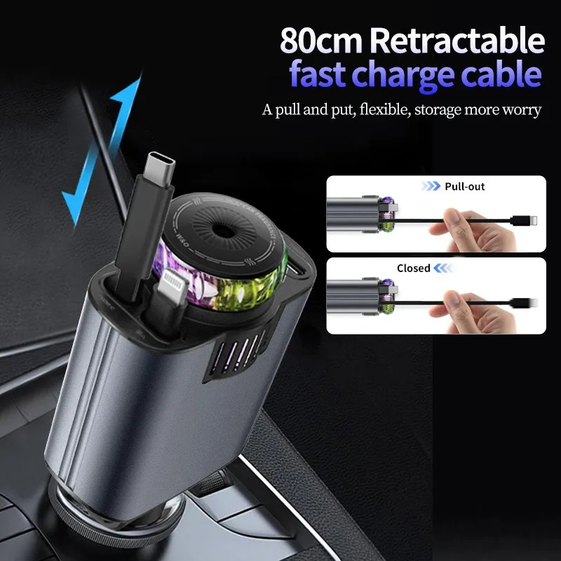45W 5 in 1 Aroma Starlight Car Charger with Retractable Cable& Air Freshner USB/Type C PD3.0 Car Phone Faster Charger - Image 4