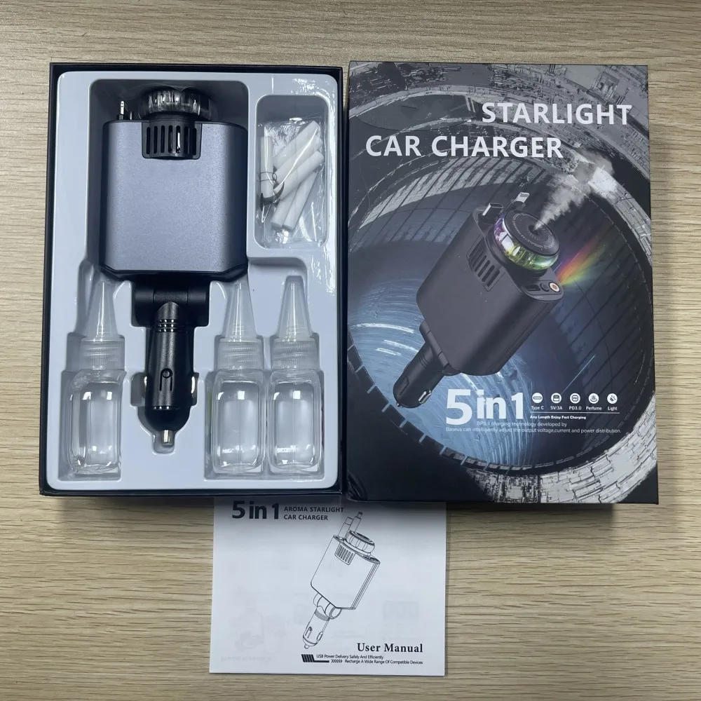 45W 5 in 1 Aroma Starlight Car Charger with Retractable Cable& Air Freshner USB/Type C PD3.0 Car Phone Faster Charger - Image 8