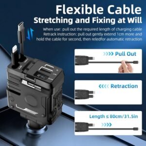 66W 4 in 1 Retractable Car Charger Compatible with iPhone and Type C Cable, USB C Cigarette Lighter Adapter, Retractable Car Charger with iPhone 16/15/14/13/Galaxy/Google