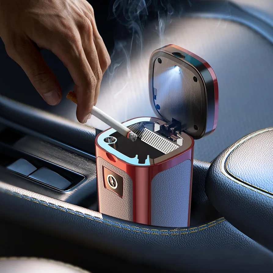 Car Ashtray with Lid, Smokeless Ashtrays, Mini Car Trash Can, Portable Cigarette Ashtrays for Truck Auto Office, Home, Christmas Car Ashtray with Solar and USB Dual Charging Lighter - Image 6