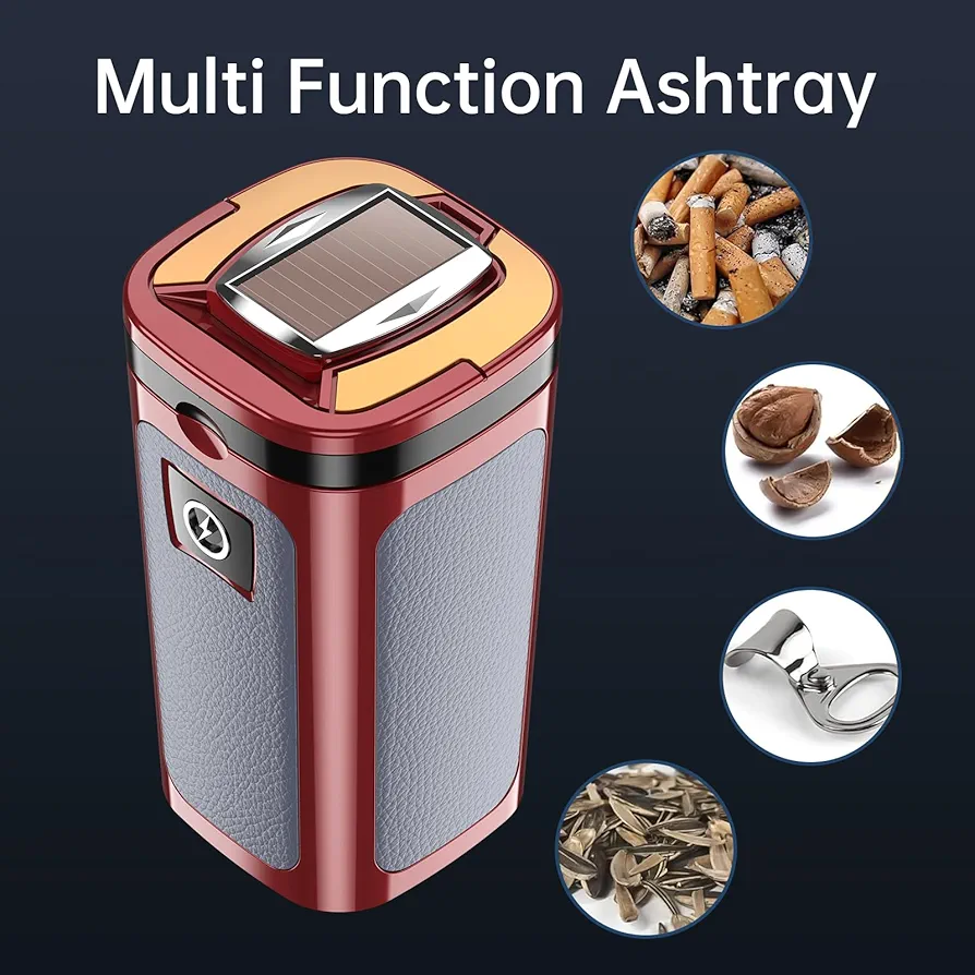 Car Ashtray with Lid, Smokeless Ashtrays, Mini Car Trash Can, Portable Cigarette Ashtrays for Truck Auto Office, Home, Christmas Car Ashtray with Solar and USB Dual Charging Lighter - Image 2