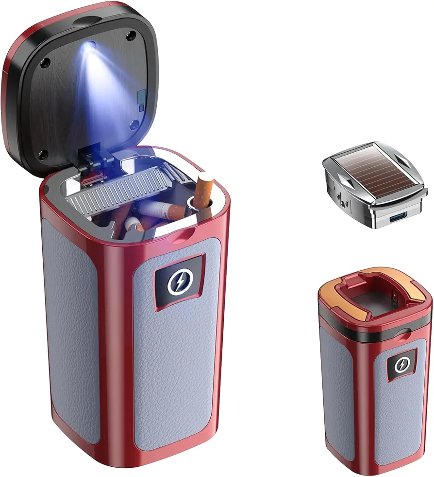 Car Ashtray with Lid, Smokeless Ashtrays, Mini Car Trash Can, Portable Cigarette Ashtrays for Truck Auto Office, Home, Christmas Car Ashtray with Solar and USB Dual Charging Lighter