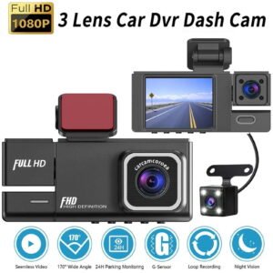 3 Lens Car Dash Cam with 1080P HD Front, Interior, and Rear Camera, 170° Wide Angle, Loop Recording, Easy Installation for Vehicle Security