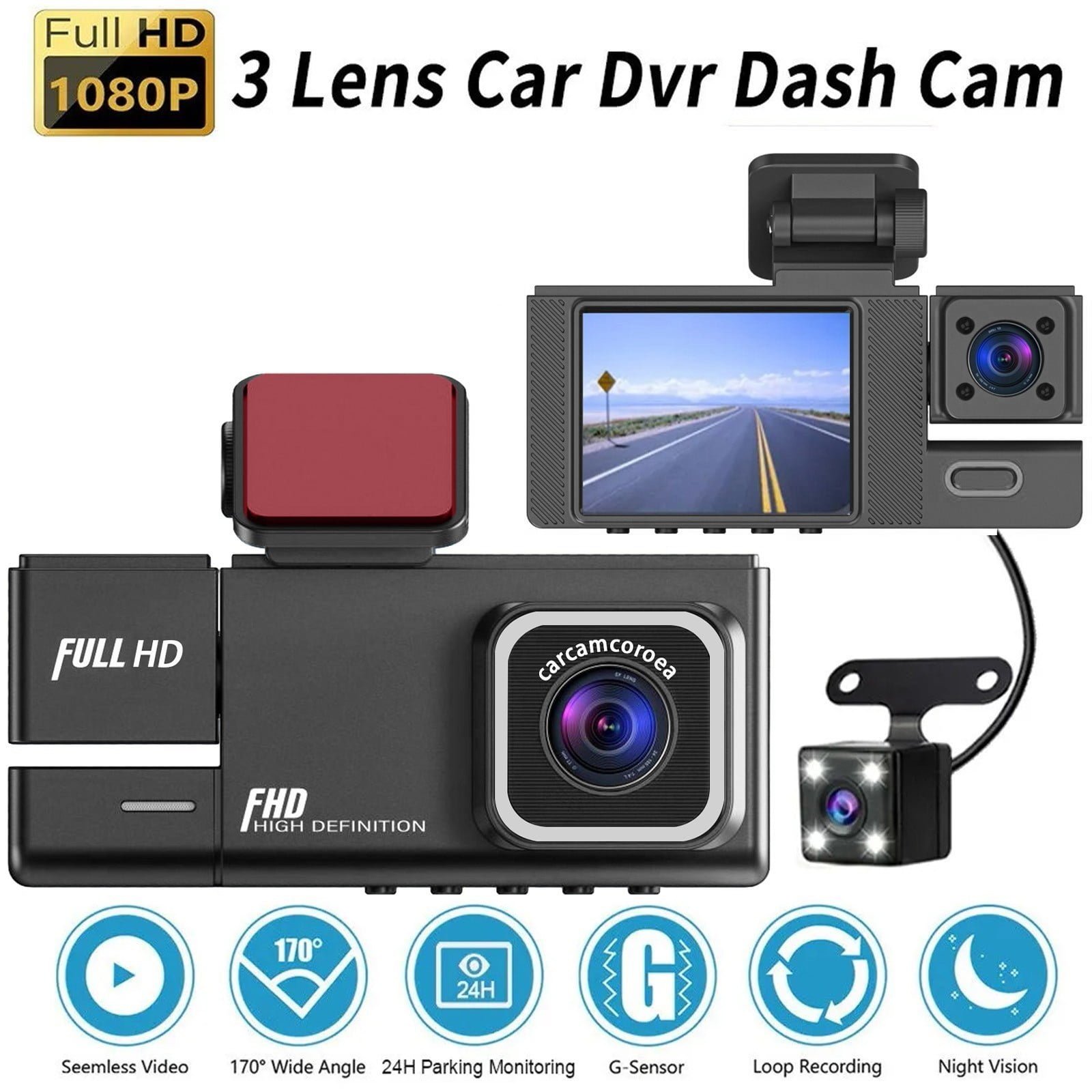 3 Lens Car Dash Cam with 1080P HD Front, Interior, and Rear Camera, 170° Wide Angle, Loop Recording, Easy Installation for Vehicle Security