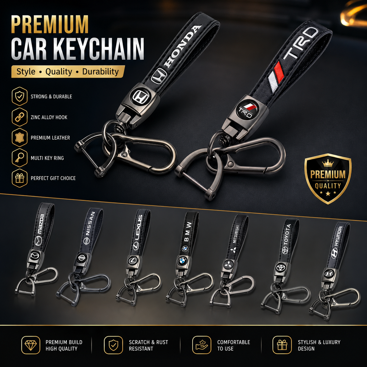 Premium Leather Car Keychain | Metal Car Key Holder | Honda, Toyota TRD, BMW, Nissan, Mazda & More | TechnicMart