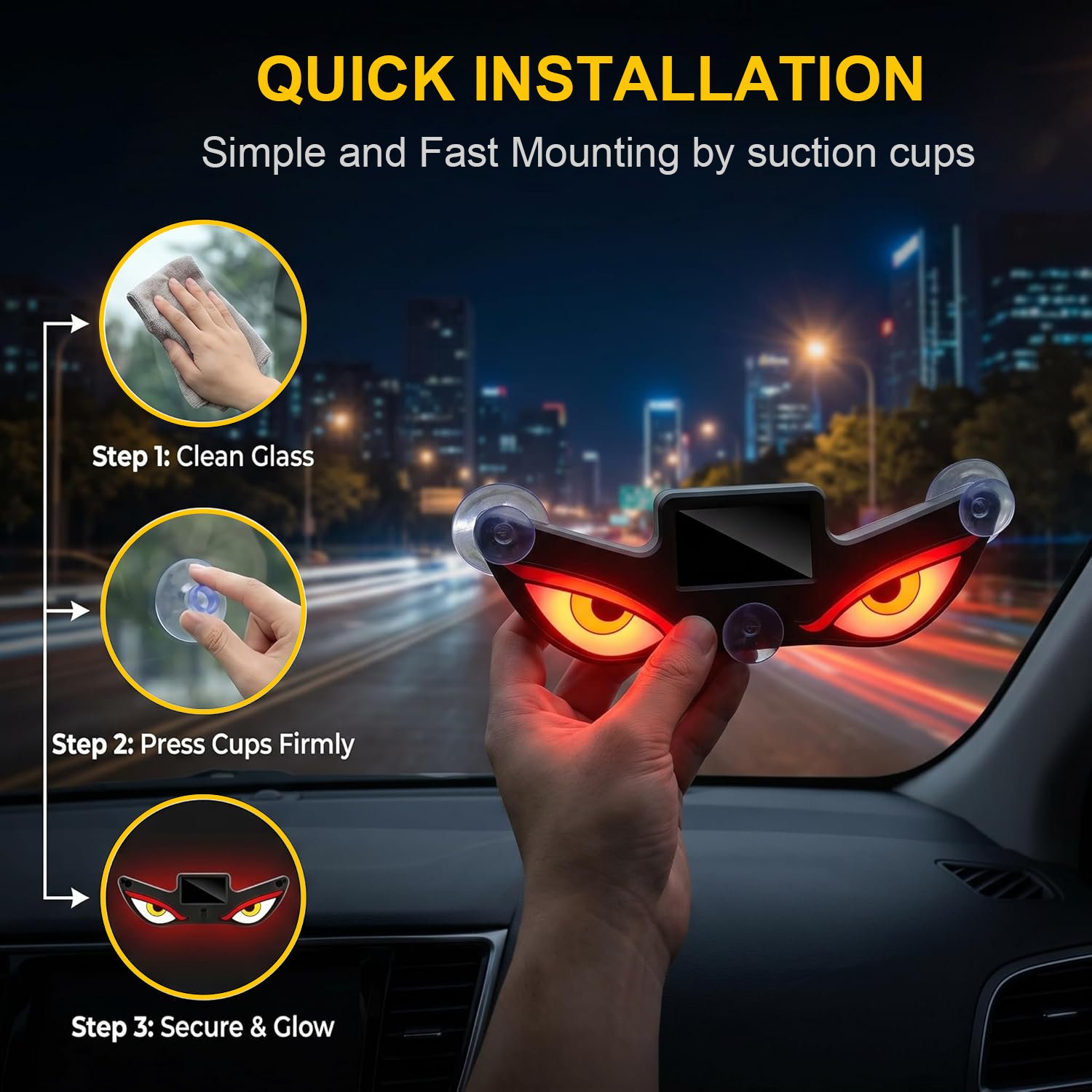 Solar Devil Eyes Car LED Light Wireless No Drill Demon Eye Warning Lights for Car Windshield & Rear Window Animated LED Eyes for Cars, SUVs, Trucks, Vans