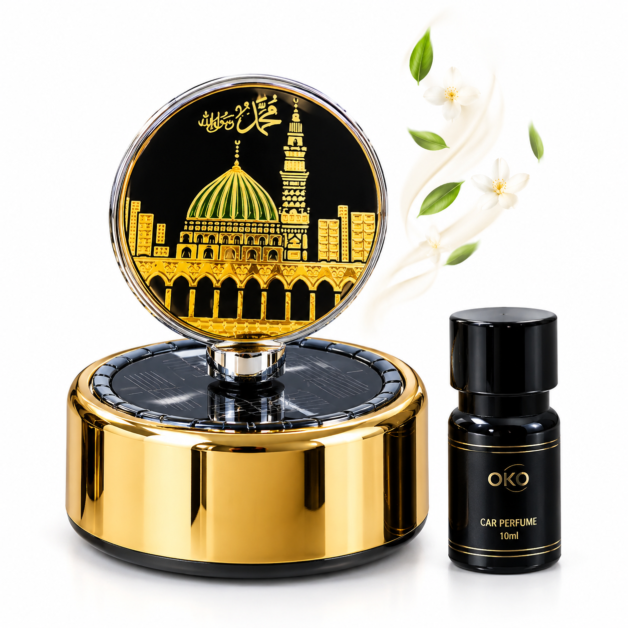 đ Makkah & Madina Premium Car Dashboard Solar Rotet Showpiece & Perfume - Image 3