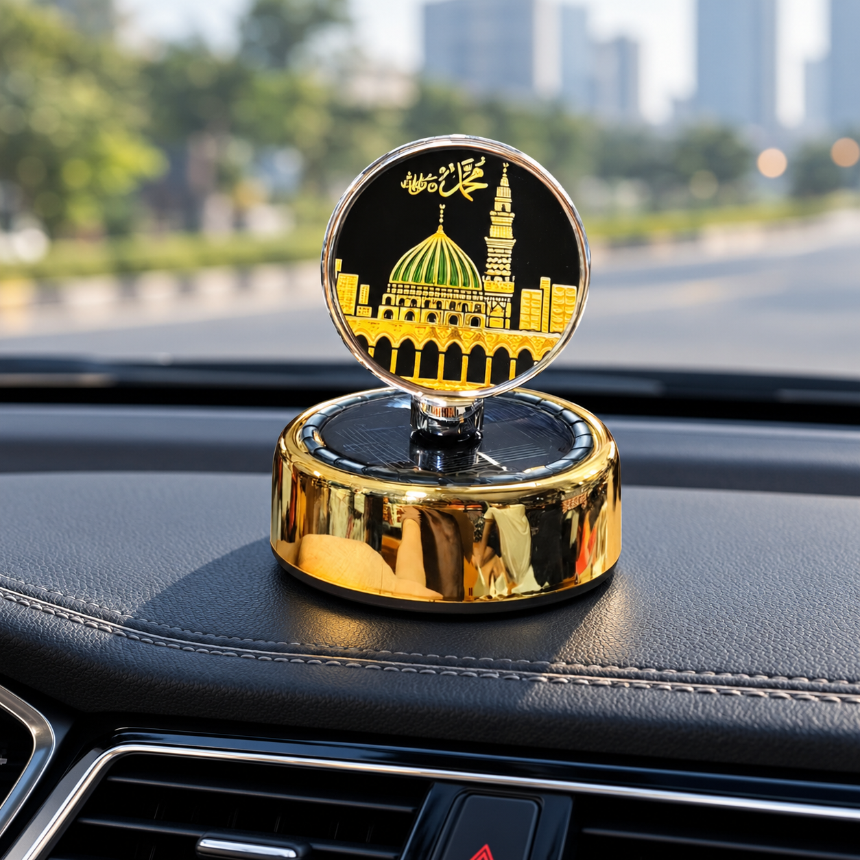 đ Makkah & Madina Premium Car Dashboard Solar Rotet Showpiece & Perfume - Image 6