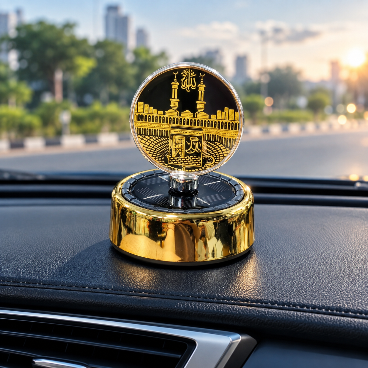 đ Makkah & Madina Premium Car Dashboard Solar Rotet Showpiece & Perfume - Image 7
