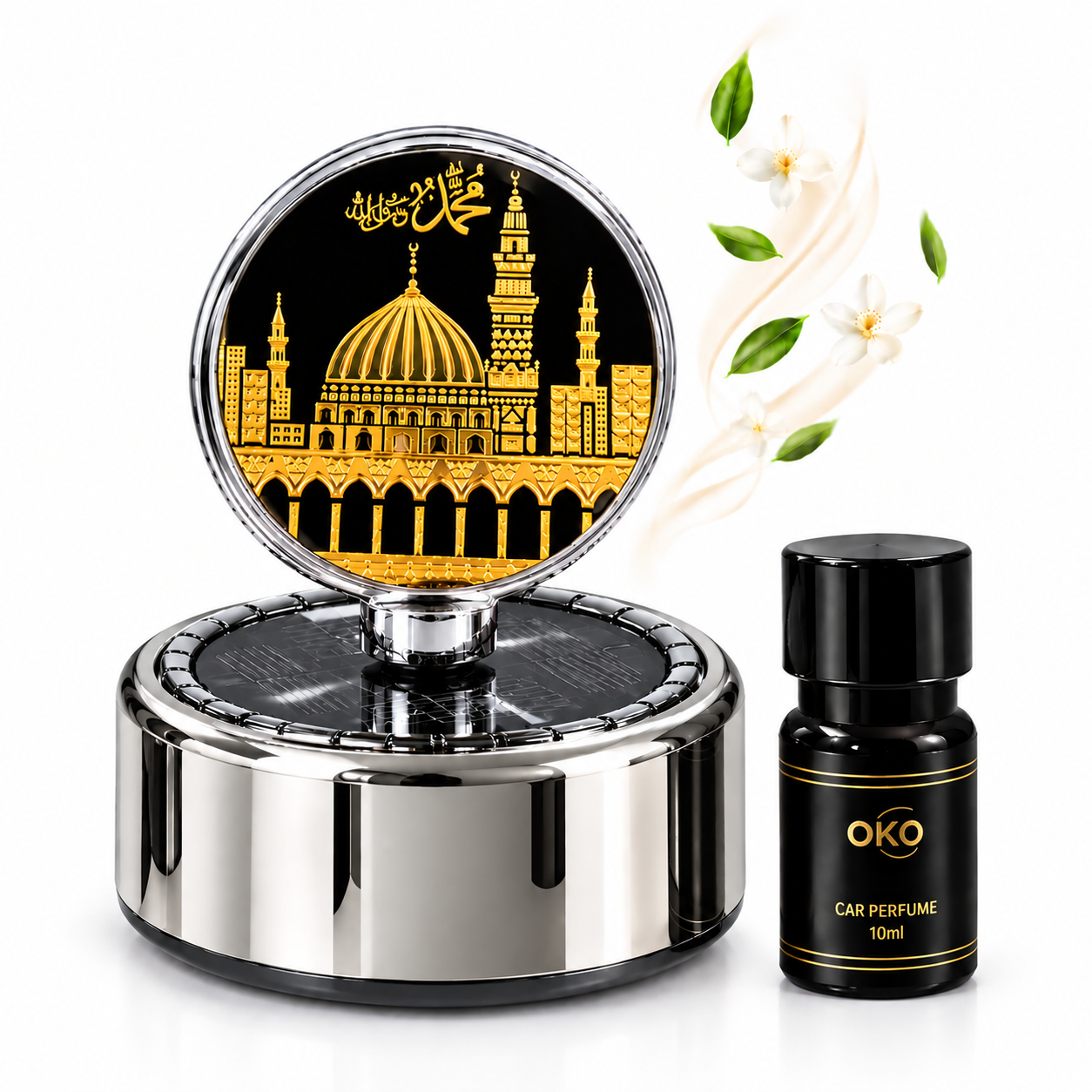 đ Makkah & Madina Premium Car Dashboard Solar Rotet Showpiece & Perfume - Image 2