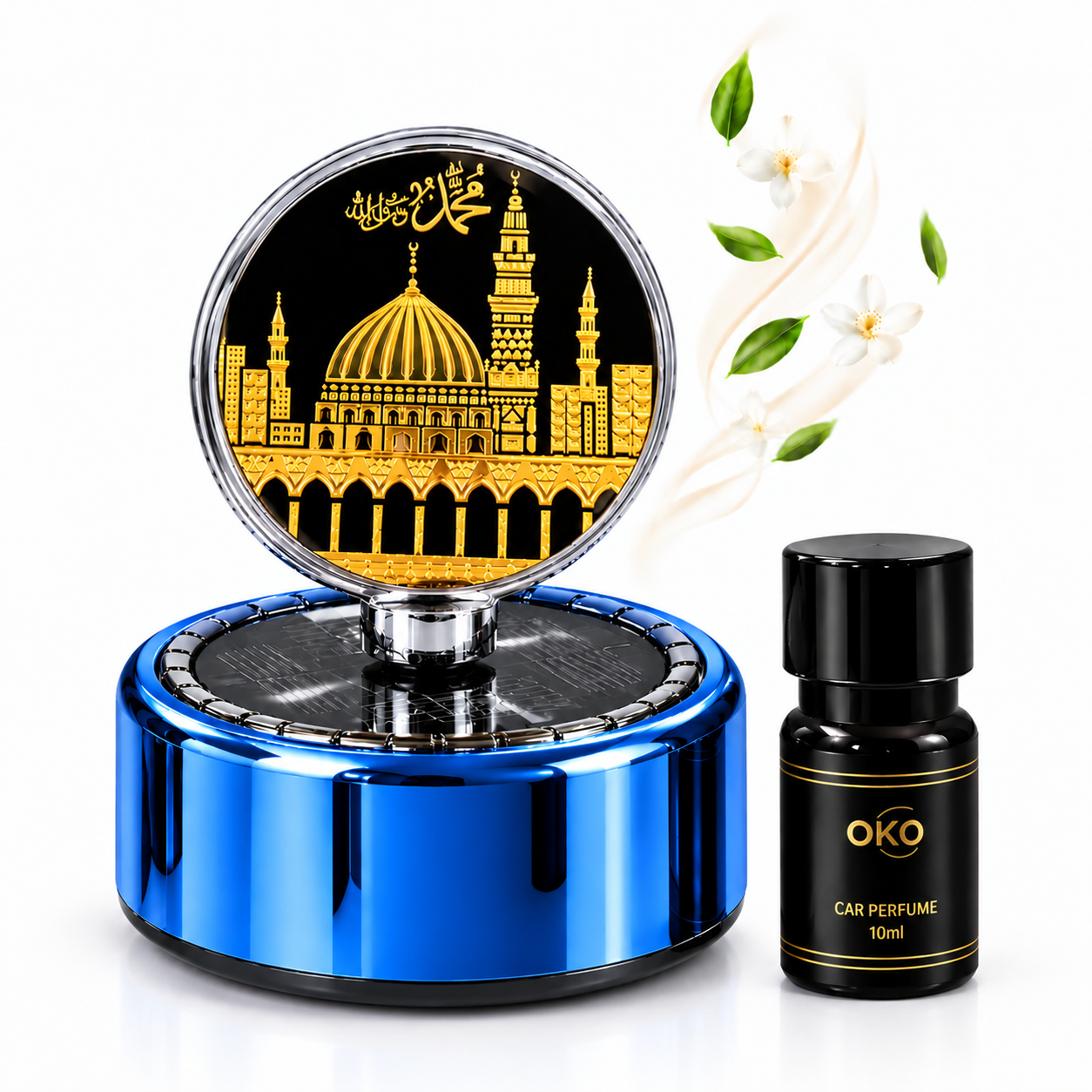 đ Makkah & Madina Premium Car Dashboard Solar Rotet Showpiece & Perfume - Image 4