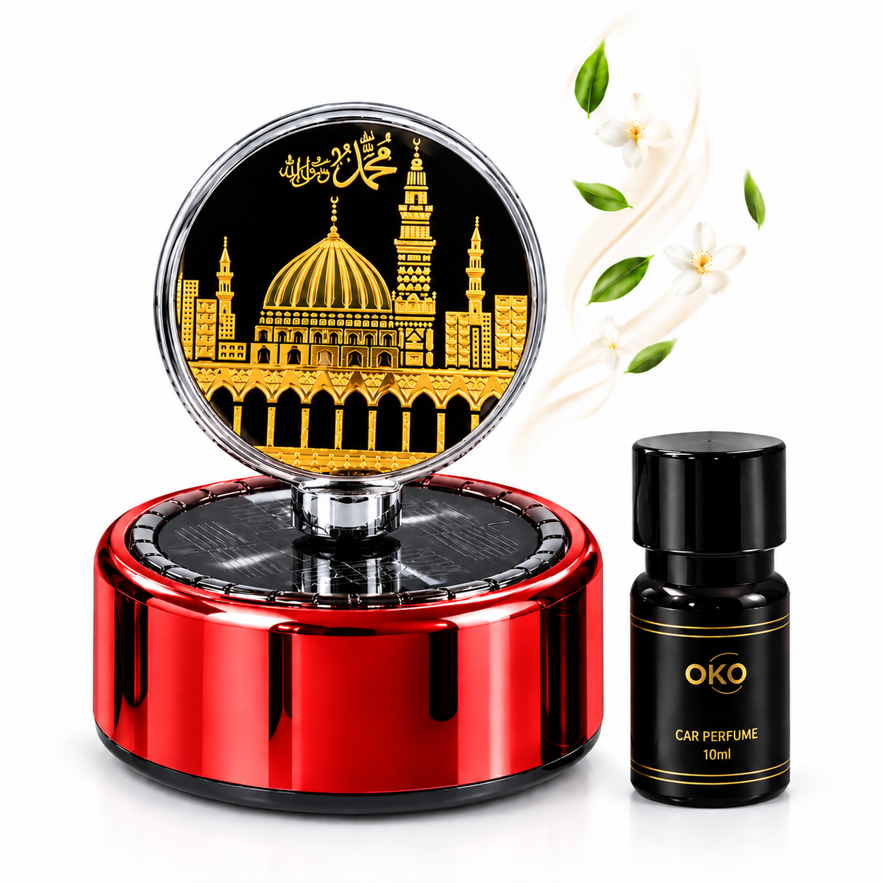 đ Makkah & Madina Premium Car Dashboard Solar Rotet Showpiece & Perfume - Image 5